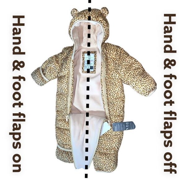 GAP Quilted Puffy Cheetah Print Sherpa Hood Pram Snowsuit 0-6 months - Picture 7 of 8